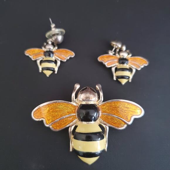 VTG MJ Brooch Pendant Earrings Bumble Bees Enamel Jewelry Designer Signed 70's - Picture 7 of 7